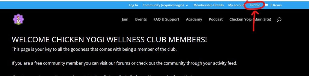 A screen capture of the membership home page with the profile link circled and an arrow pointing to it.